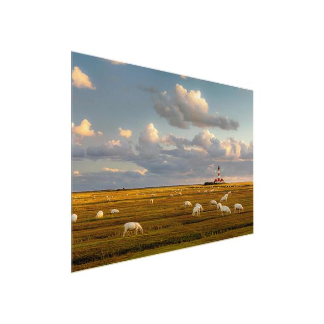 Glasbilder Tiere Nordsee Leuchtturm mit Schafsherde
