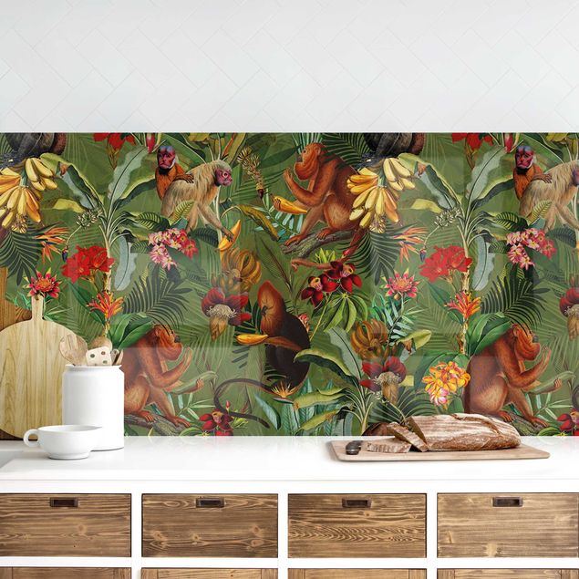 Küchenrückwände Blumen Tropische Blumen mit Affen I