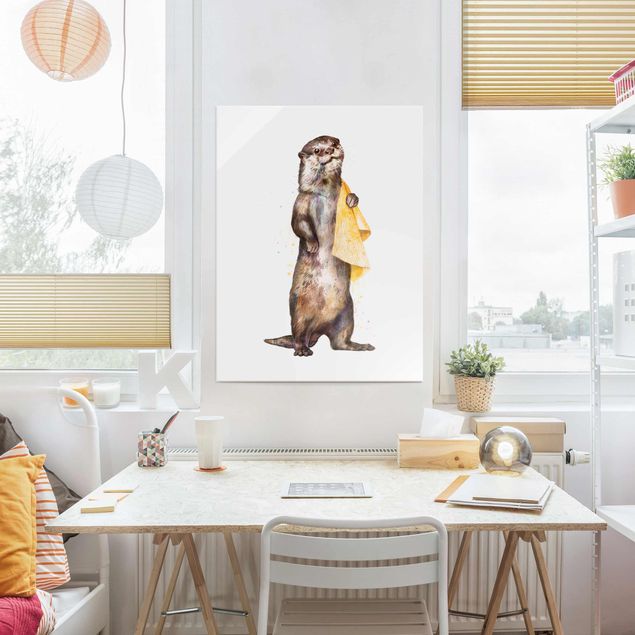 Glasbilder Tiere Illustration Otter mit Handtuch Malerei Weiß