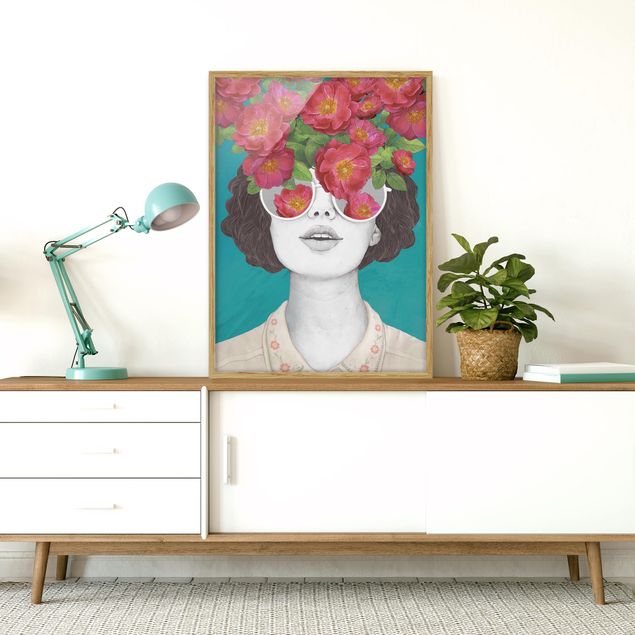 Wandbilder Kunstdrucke Illustration Portrait Frau Collage mit Blumen Brille