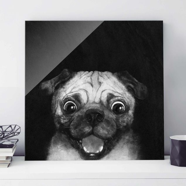 Laura Graves Art Kunstdrucke Illustration Hund Mops Malerei auf Schwarz Weiß