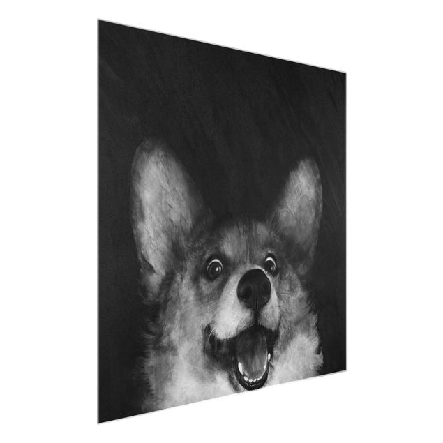 Glasbilder Schwarz-Weiß Illustration Hund Corgi Malerei Schwarz Weiß