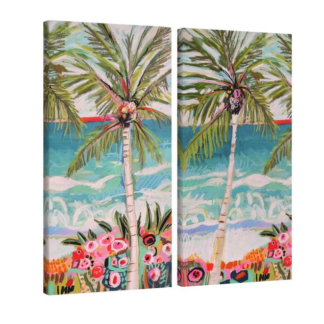 Wandbilder Natur Palme mit pinken Blumen Set I