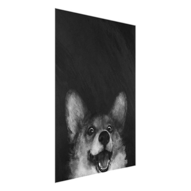 Glasbild schwarz-weiß Illustration Hund Corgi Malerei Schwarz Weiß