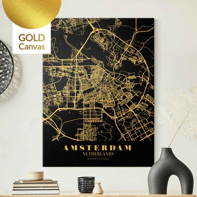 Wandbilder Weltkarten Stadtplan Amsterdam - Klassik Schwarz