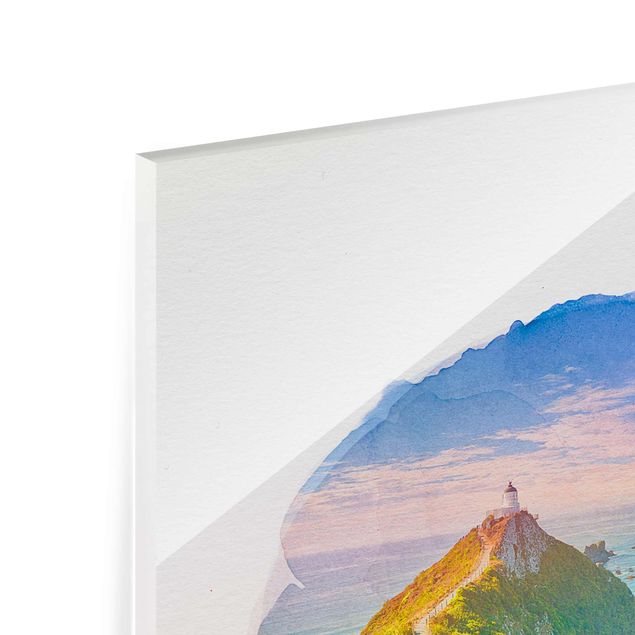 Wandbilder Meer Wasserfarben - Nugget Point Leuchtturm und Meer Neuseeland