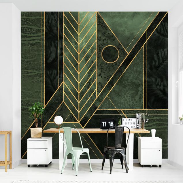 Tapeten mit Muster Geometrische Formen Smaragd Gold