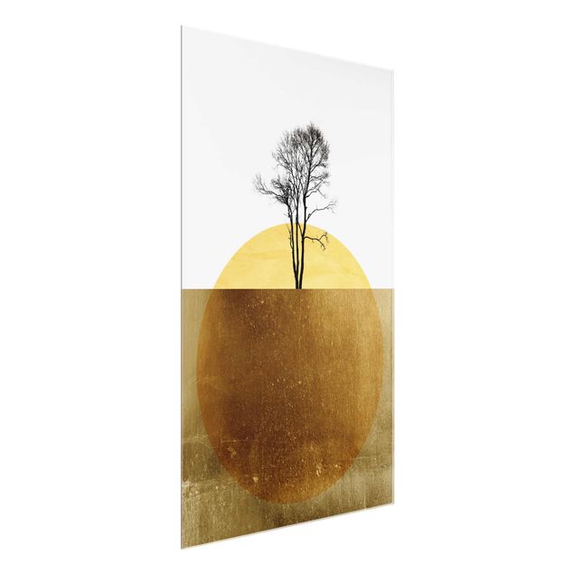 Wandbilder Glas Natur Goldene Sonne mit Baum