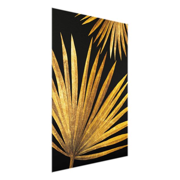 Wandbilder Floral Gold - Palmenblatt auf Schwarz