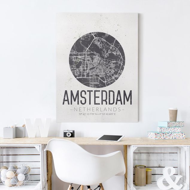 Leinwand schwarz-weiß Stadtplan Amsterdam - Retro