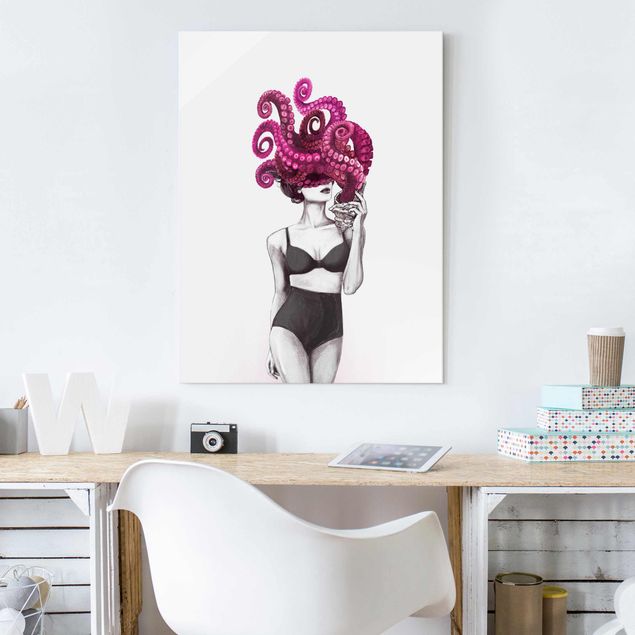 Wandbilder Fische Illustration Frau in Unterwäsche Schwarz Weiß Oktopus