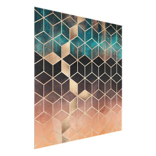abstrakte Glasbilder Türkis Rosé goldene Geometrie