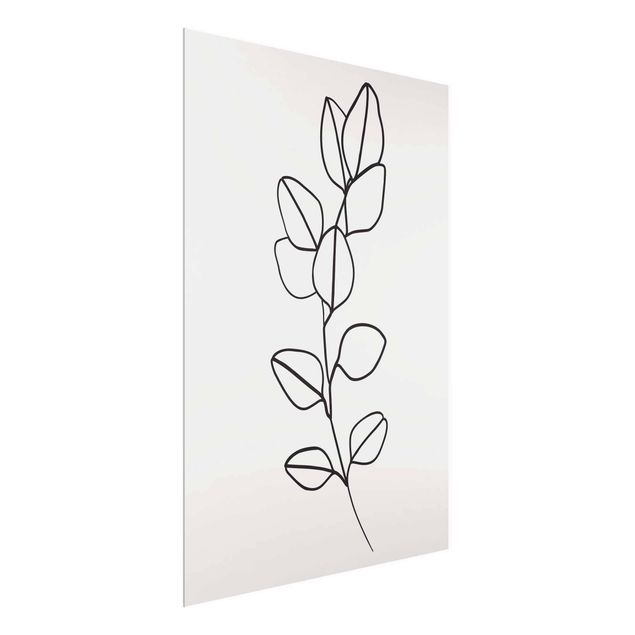 Glasbilder Blumen Line Art Zweig Blätter Schwarz Weiß