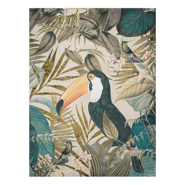 Wandbilder Blumen Vintage Collage - Tukan im Dschungel