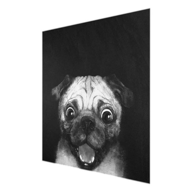 Wandbilder Kunstdrucke Illustration Hund Mops Malerei auf Schwarz Weiß