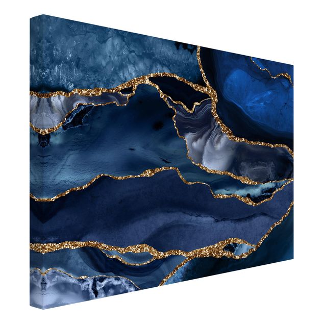 abstrakte Leinwandbilder Goldene Glitzer Wellen vor Blau