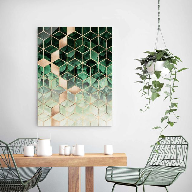 Wandbilder 3D Grüne Blätter goldene Geometrie