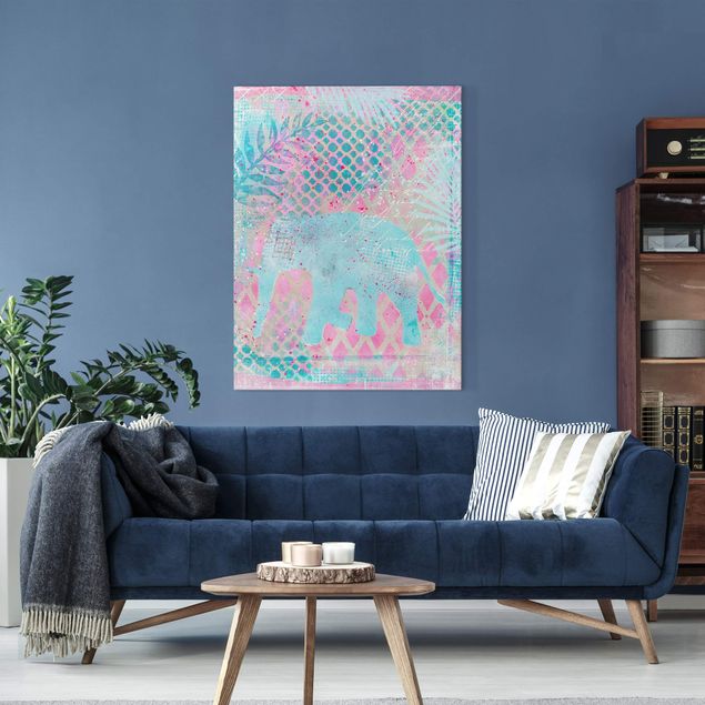 Küche Dekoration Bunte Collage - Elefant in Blau und Rosa