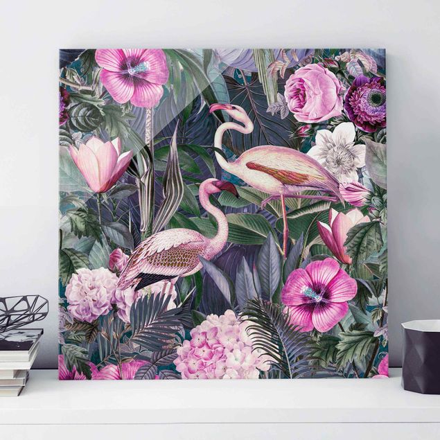 Glasbilder Rose Bunte Collage - Pinke Flamingos im Dschungel