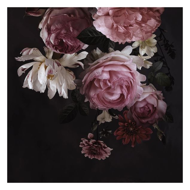 Fototapete schwarz Rosa Blumen auf Schwarz