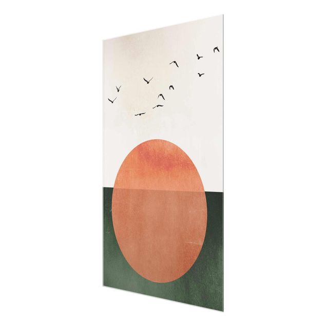 Wandbilder Kunstdrucke Vogelschwarm vor aufgehender Sonne