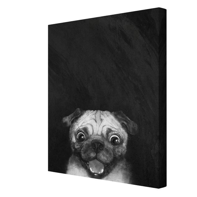Leinwand schwarz-weiß Illustration Hund Mops Malerei auf Schwarz Weiß