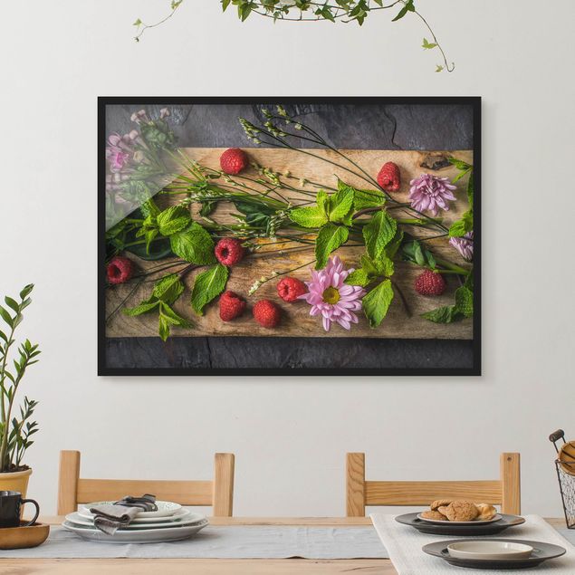 Blumenbilder mit Rahmen Blumen Himbeeren Minze