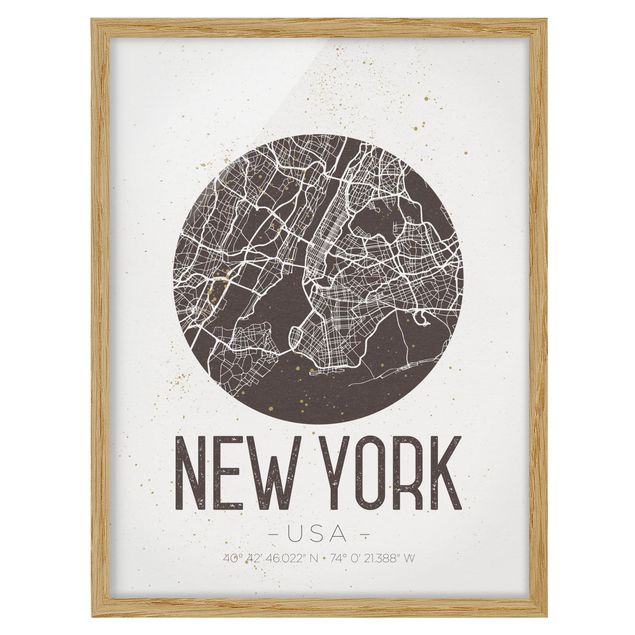 Bilderrahmen mit Sprüchen Stadtplan New York - Retro