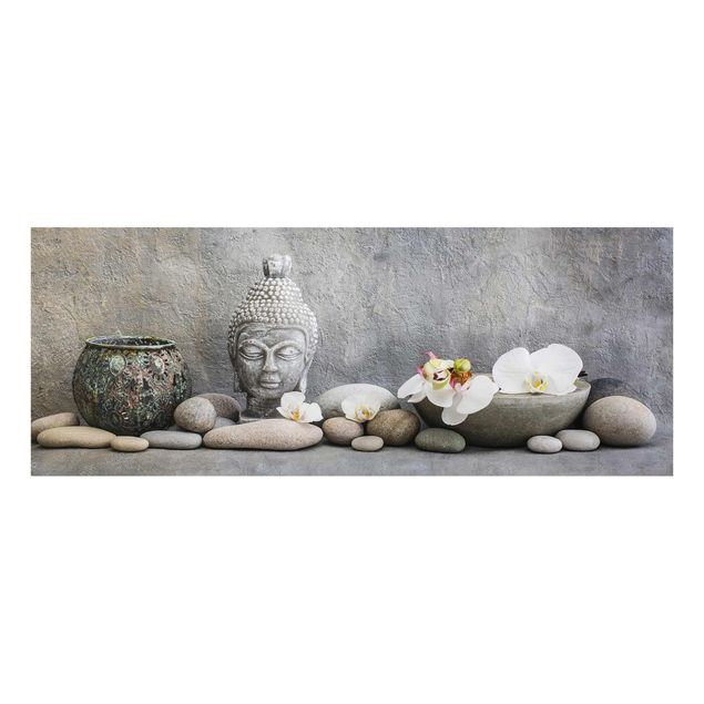 Wandbilder Kunstdrucke Zen Buddha mit weißen Orchideen
