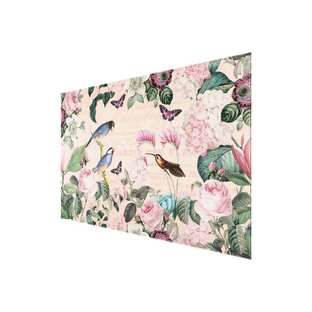 Wandbilder Blumen Vintage Collage - Rosen und Vögel