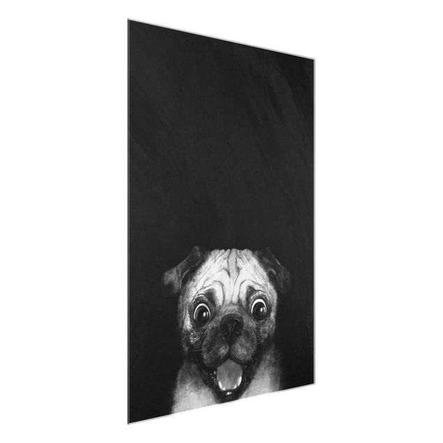Glasbilder Schwarz-Weiß Illustration Hund Mops Malerei auf Schwarz Weiß