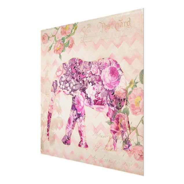 Wandbilder Floral Vintage Collage - Rosa Blüten Elefant