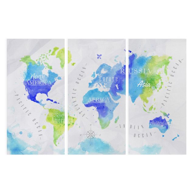 Wandbilder Blau Weltkarte Aquarell blau grün