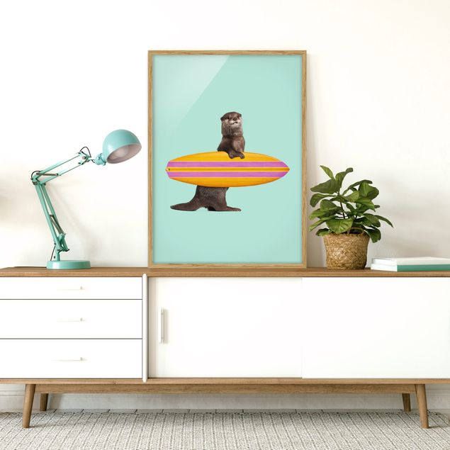 Gerahmte Bilder Tiere Otter mit Surfbrett
