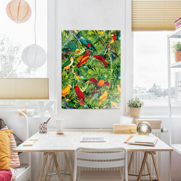 Glasbilder Blumen Motive Bunte Collage - Papageien im Dschungel