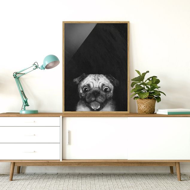 schwarz-weiß Bilder mit Rahmen Illustration Hund Mops Malerei auf Schwarz Weiß