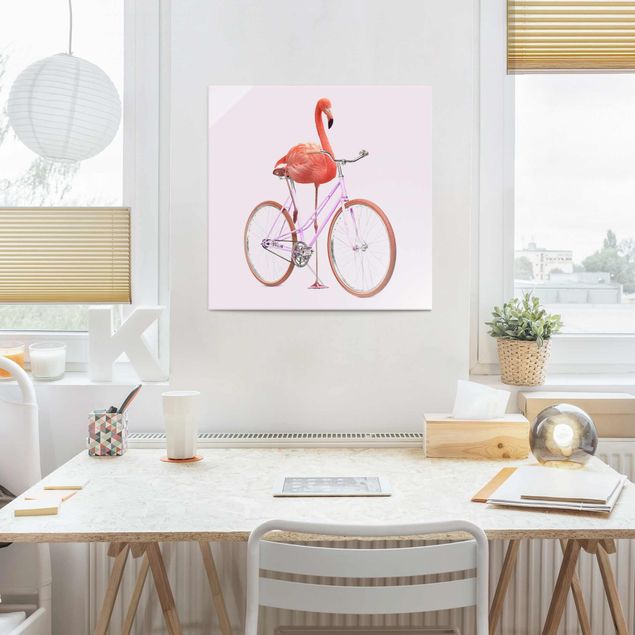 Glasbilder Tiere Flamingo mit Fahrrad