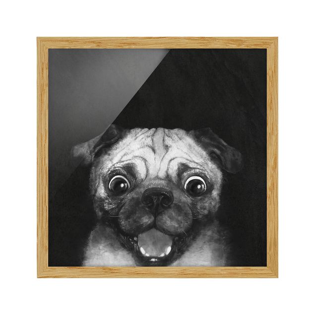 Tierbilder mit Rahmen Illustration Hund Mops Malerei auf Schwarz Weiß