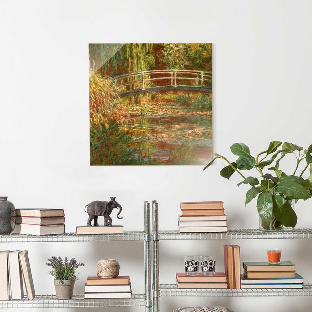 Glasbilder Rosen Claude Monet - Seerosenteich und japanische Brücke (Harmonie in rosa)