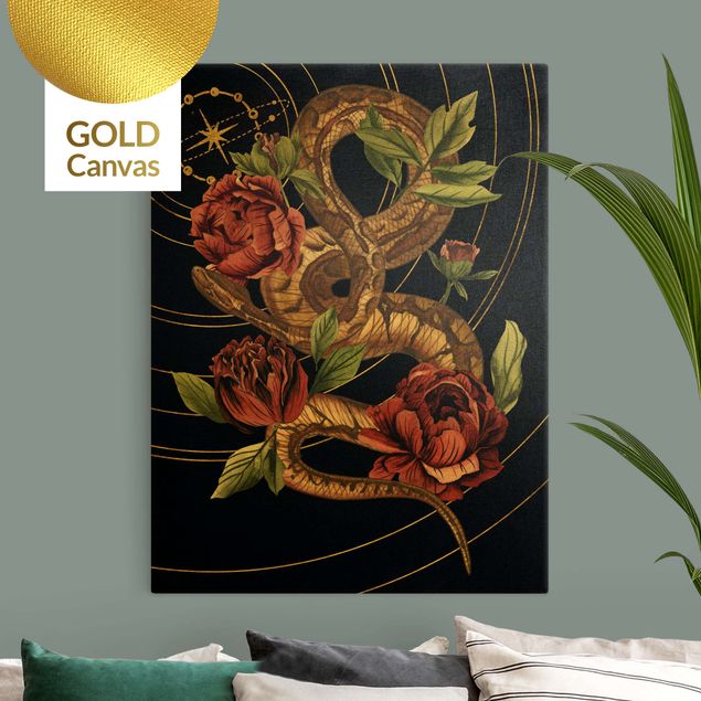 Wandbilder Floral Schlange mit Rosen Schwarz und Gold IV