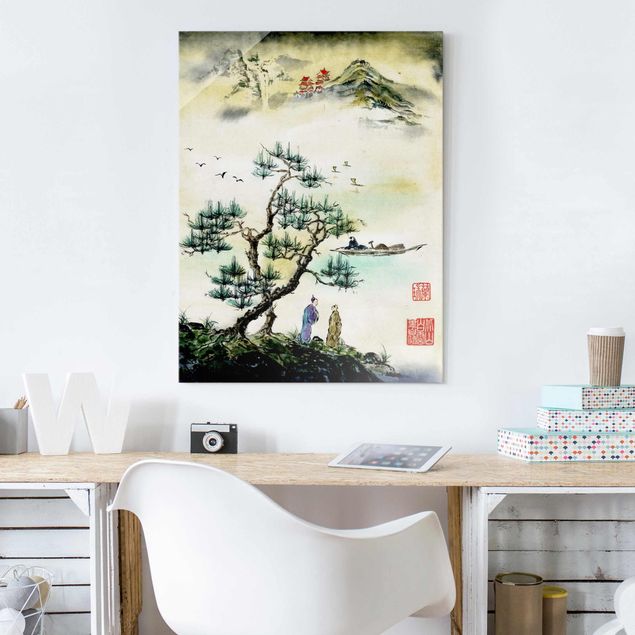 Wandbilder Bäume Japanische Aquarell Zeichnung Kiefer und Bergdorf