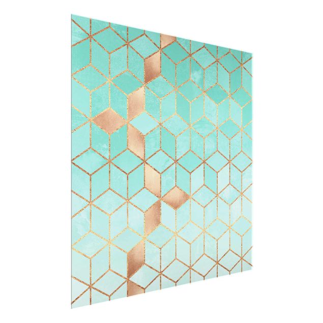 abstrakte Glasbilder Türkis Weiß goldene Geometrie