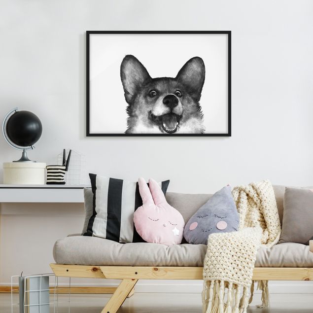 gerahmte Bilder schwarz-weiß Illustration Hund Corgi Weiß Schwarz Malerei