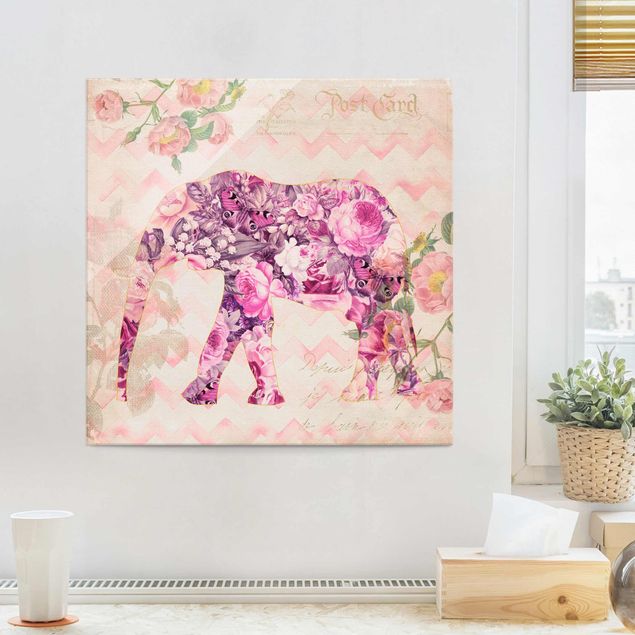 Glasbilder Rose Vintage Collage - Rosa Blüten Elefant