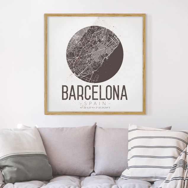 gerahmte Bilder schwarz-weiß Stadtplan Barcelona - Retro