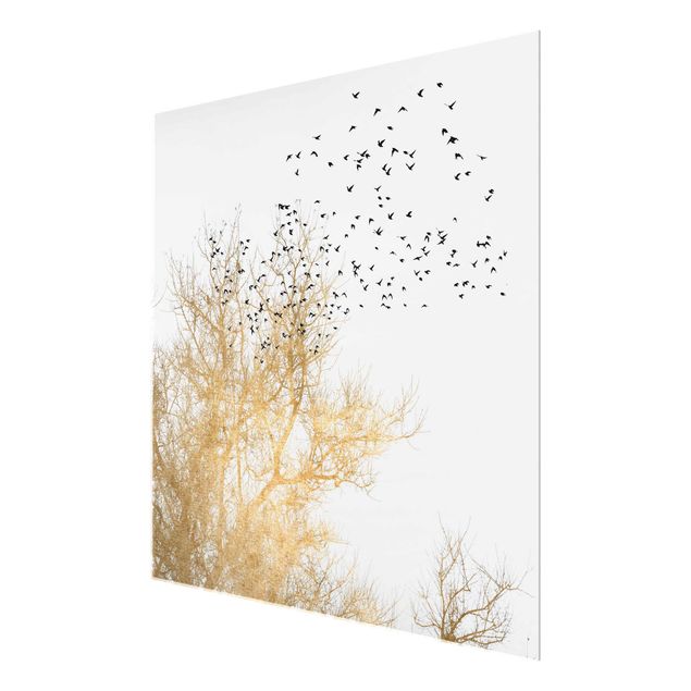 Wandbilder Kunstdrucke Vogelschwarm vor goldenem Baum