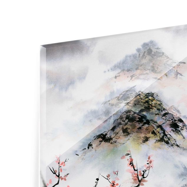 Wandbilder Floral Japanische Aquarell Zeichnung Kirschbaum und Berge