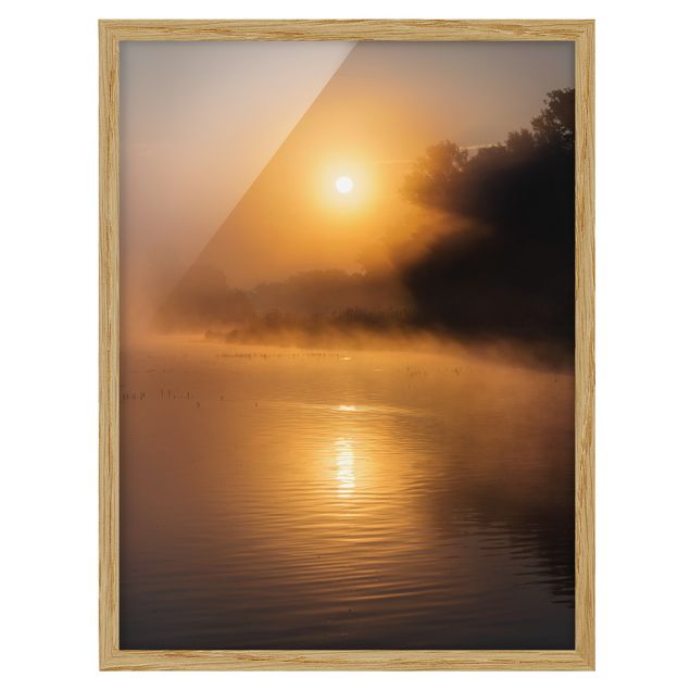 Wandbilder Natur Sonnenaufgang am See mit Rehen im Nebel