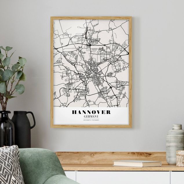 schwarz-weiß Bilder mit Rahmen Stadtplan Hannover - Klassik