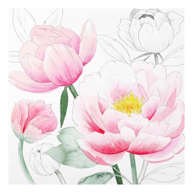 Wandbilder Blumen Zeichnung Rosa Päonien I